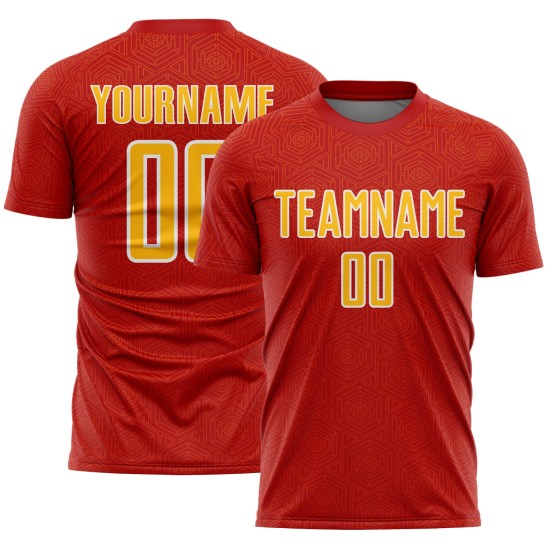 Sublimation Uniform Red Geometric Jersey Shape Soccer Gold-White Custom Sports Sublimation Uniform Red Geometric Jersey Shape Soccer Gold-White Custom Sports